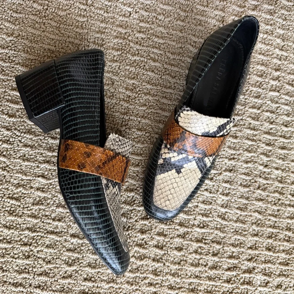 Freda Salvador Black, Brown & Cream Snakeskin Loafers